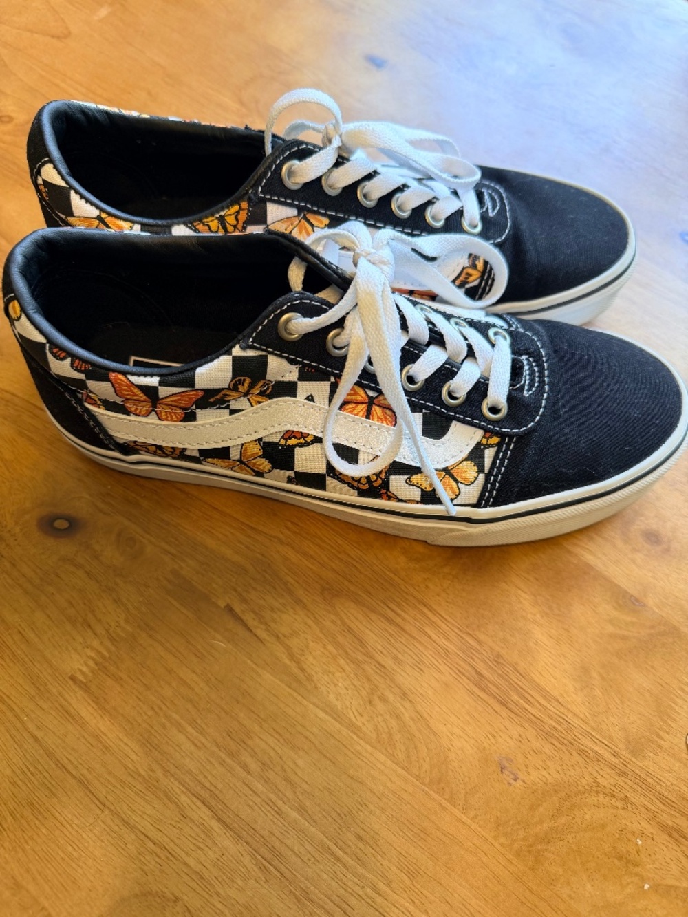 Vans Ward Low Top Butterfly Checkerboard Sneakers Black White Orange Womens